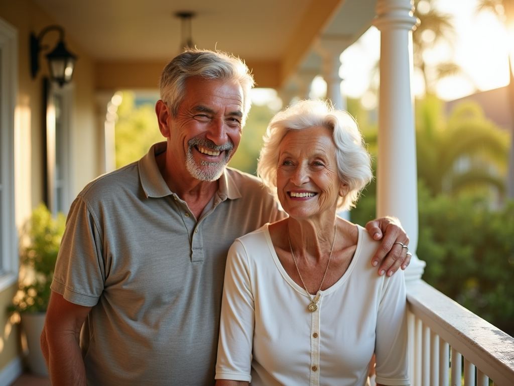 Una pareja mayor sonriendo junta en el porche de su casa en Florida al atardecer.